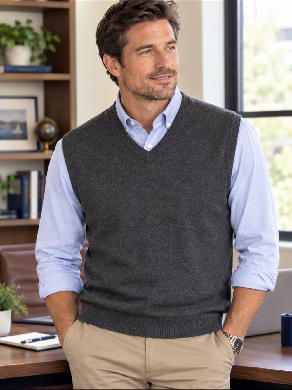 Men's Charcoal V-Neck Sweater Vest - Classic Layering Piece